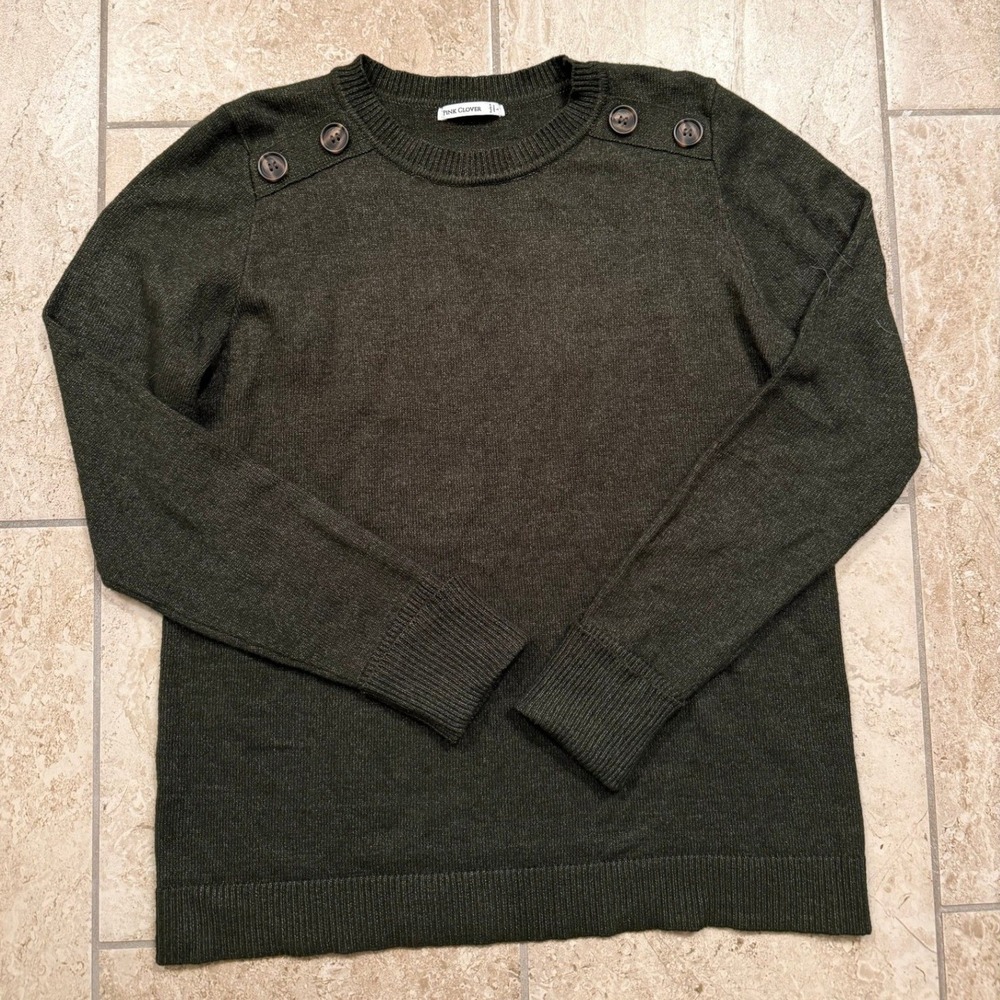 Pink Clover Women L Olive Green Button Shoulder Crew Neck Sweater 52305ST